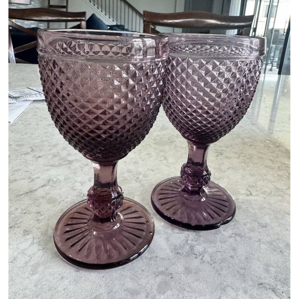 Set of 2 Vista Alegre Bicos Pressed diamond goblets in amethyst
